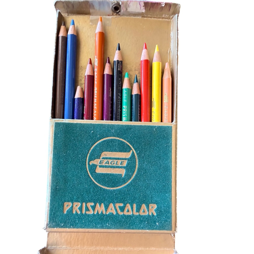 Eagle Prismacolor Colored Pencils 12pc Green Case Vintage Art No 952 Retro Rare